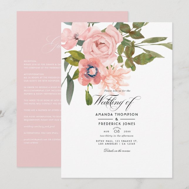 Invitation Mariage floral Rose Gold et Rose Pâle (Devant / Derrière)