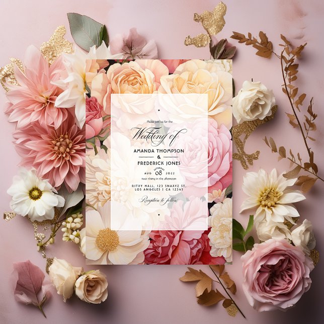 Invitation Mariage floral rose, ivoire et or (Créateur téléchargé)
