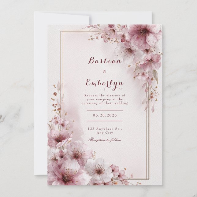 Invitation Mariage Floral Rose Magenta Aquarelle Romantique (Devant)