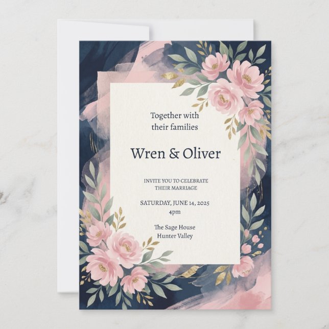 Invitation Mariage floral rose marine (Devant)