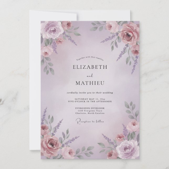 Invitation Mariage Floral Rose Mauve (Devant)