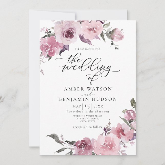 Invitation Mariage floral rose mauve rose Rose poussiéreux (Devant)