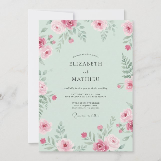 Invitation Mariage Floral Rose Menthe (Devant)