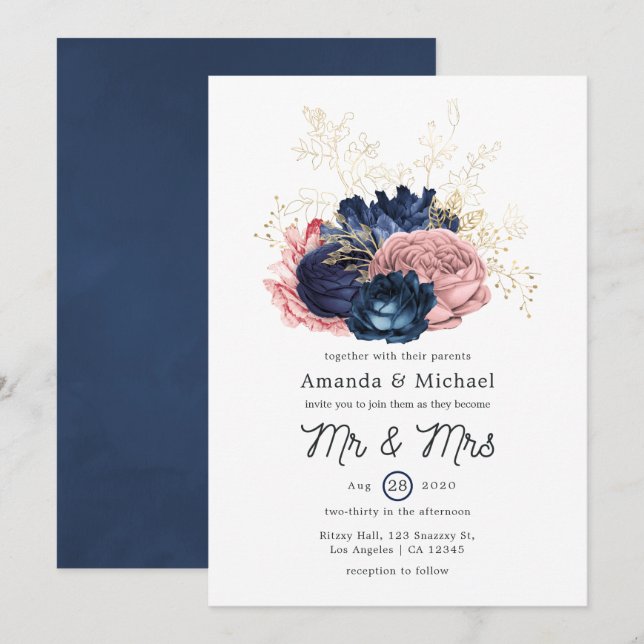 Invitation Mariage floral rose, navy et or (Devant / Derrière)