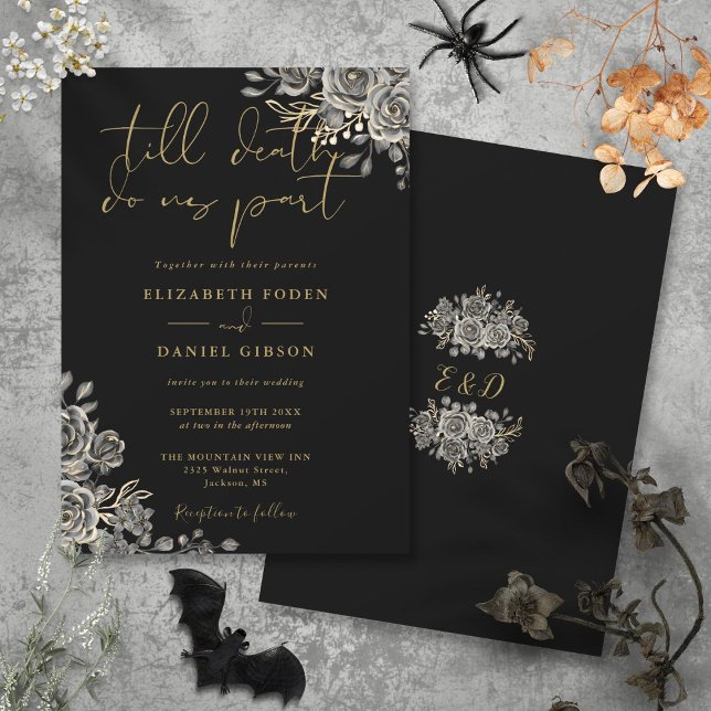 Invitation Mariage Floral Rose Noir Et Or (Black And Gold Gothic Roses Floral Wedding Invitation)