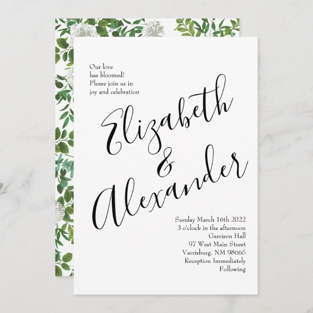 Invitation Mariage floral rose noire et blanche (Devant / Derrière)