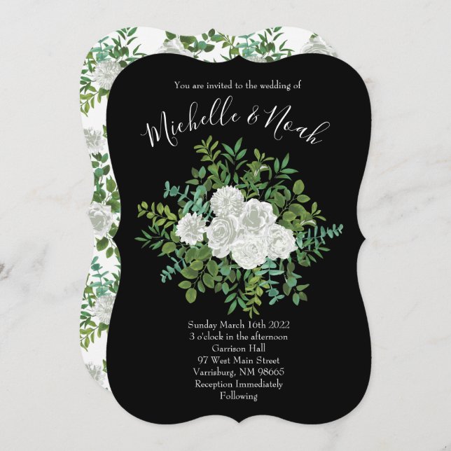 Invitation Mariage floral rose noire et blanche (Devant / Derrière)