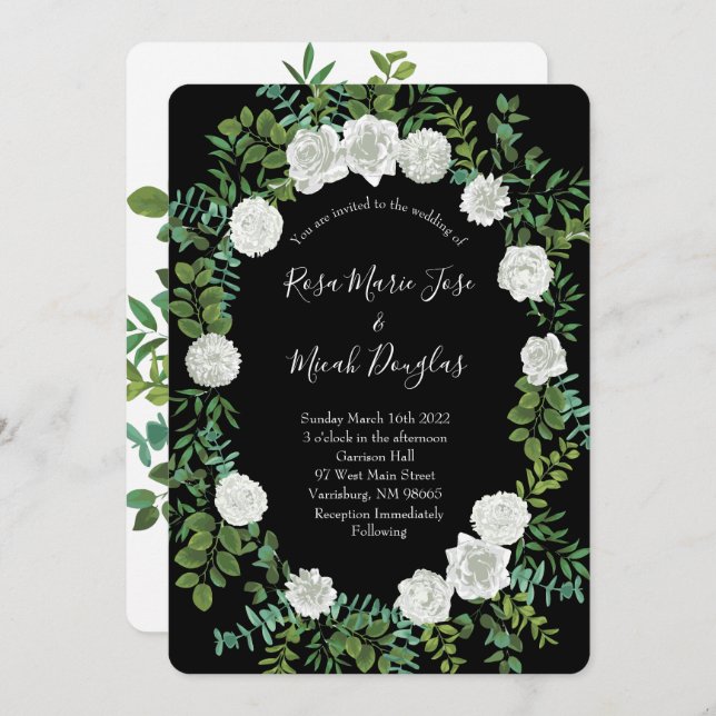 Invitation Mariage floral rose noire et blanche (Devant / Derrière)