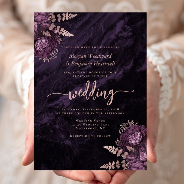 Invitation Mariage Floral Rose Or Élégant Violet (Créateur téléchargé)