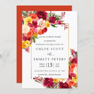 Invitation Mariage floral rose orange bordeaux
