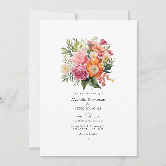 Invitation Mariage Floral Rose, Orange et Vert (Devant)