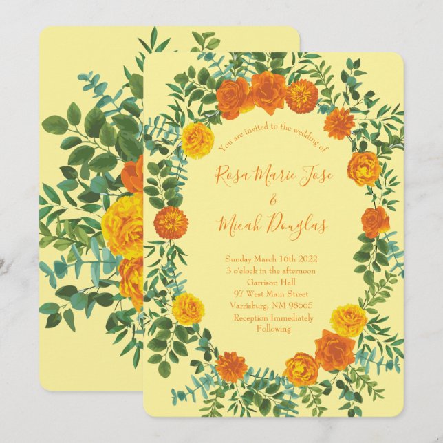 Invitation Mariage Floral Rose Orange Jaune clair (Devant / Derrière)