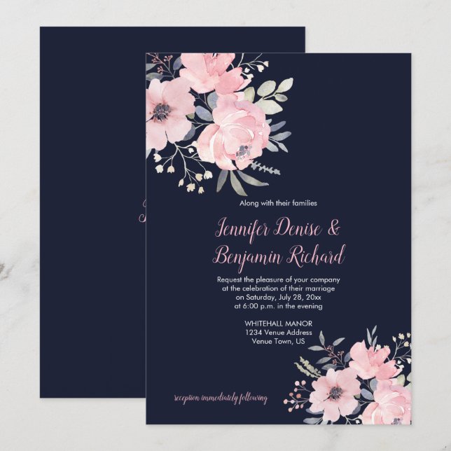 Invitation Mariage Floral Rose Pâle | (Devant / Derrière)