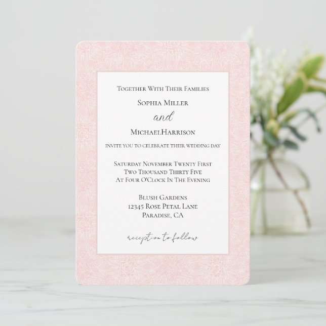 Invitation Mariage Floral Rose Pâle (Debout devant)