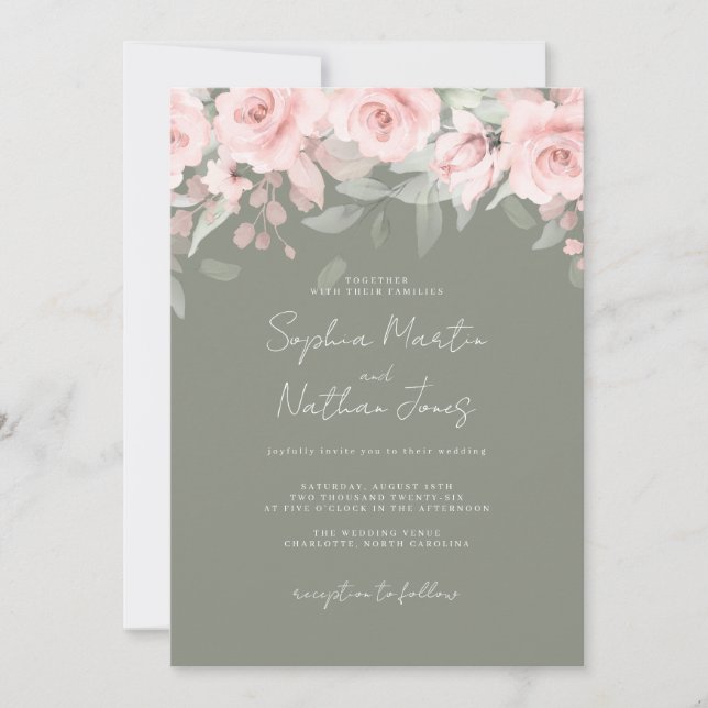 Invitation Mariage floral rose pâle (Devant)