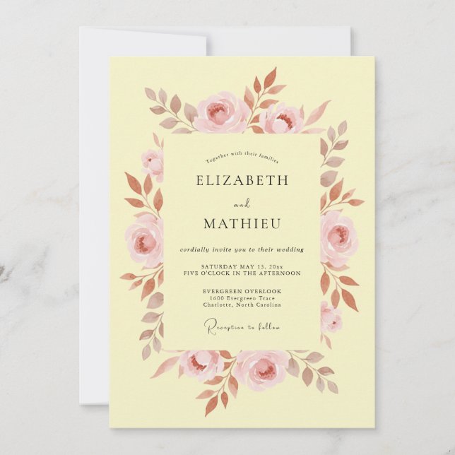 Invitation Mariage Floral Rose Pâle (Devant)