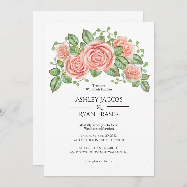 Invitation Mariage floral rose pâle (Devant / Derrière)
