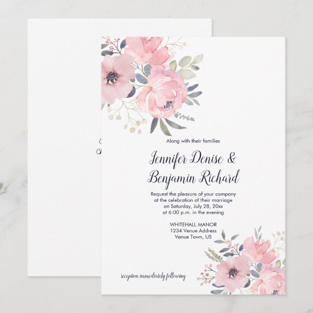 Invitation Mariage Floral Rose Pâle | (Devant / Derrière)