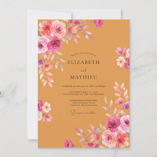 Invitation Mariage Floral Rose Pâle Ambre (Devant)