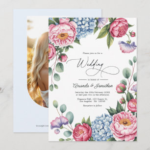 Invitation Mariage Floral Rose Pâle, Bleu Poudre et Lavande
