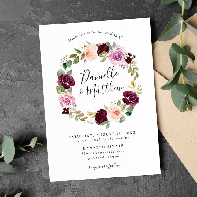 Invitation Mariage Floral Rose Pâle, Bourgogne et Violet Rust (Créateur téléchargé)