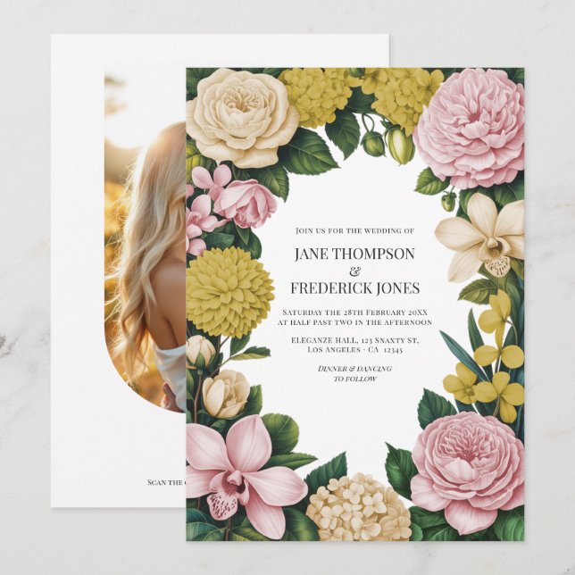 Invitation Mariage Floral Rose Pâle, Champagne & Or (Devant / Derrière)