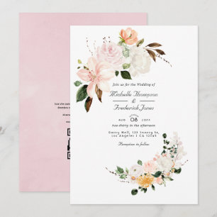 Invitation Mariage Floral Rose Pâle Code QR RSVP Pastel