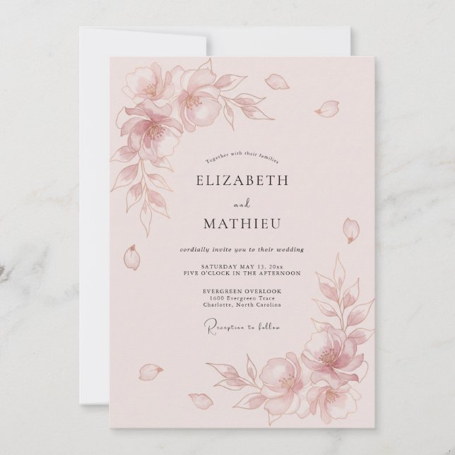 Invitation Mariage Floral Rose Pâle Élégant (Devant)