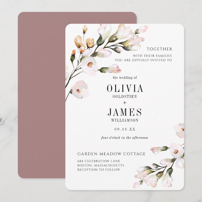 Invitation Mariage Floral Rose Pâle Élégant (Devant / Derrière)