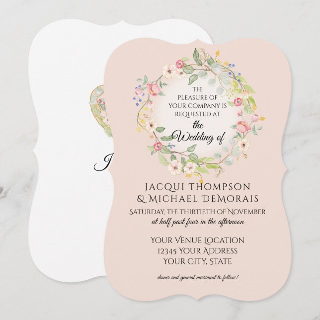 Invitation Mariage Floral Rose Pâle en Forme de Crochet (Devant / Derrière)