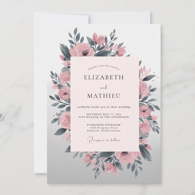 Invitation Mariage Floral Rose Pâle et Émouvant (Devant)