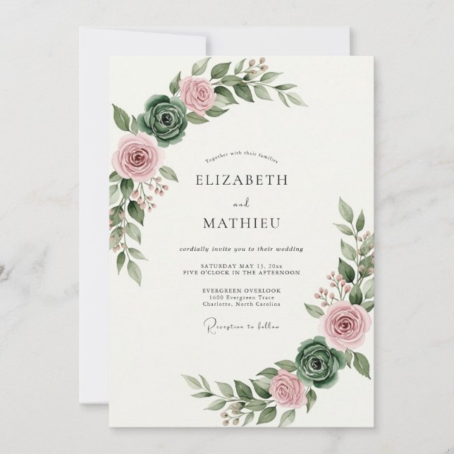 Invitation Mariage Floral Rose Pâle Impressionniste (Devant)