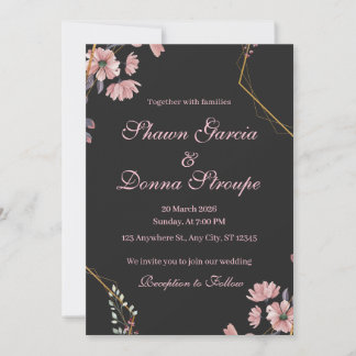 Invitation Mariage Floral Rose Pâle Noir Romantique