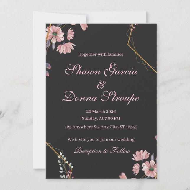 Invitation Mariage Floral Rose Pâle Noir Romantique  (Devant)