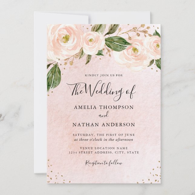Invitation Mariage Floral Rose Pâle Or  (Devant)