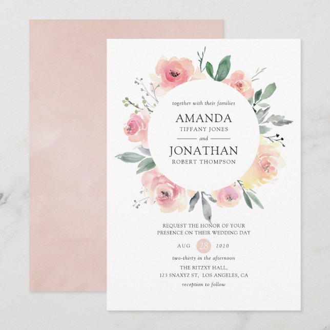 Invitation Mariage Floral Rose Pâle Pastel (Devant / Derrière)