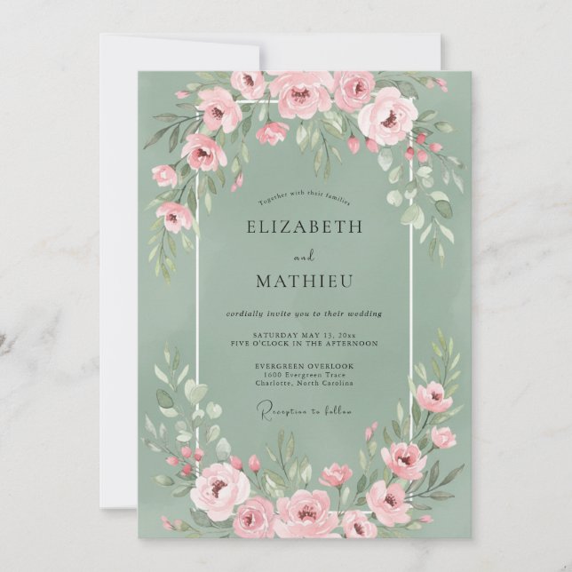 Invitation Mariage Floral Rose Pâle Sage (Devant)