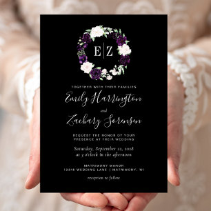 Invitation Mariage Floral Rose Pâle Violet Monogramme Noir