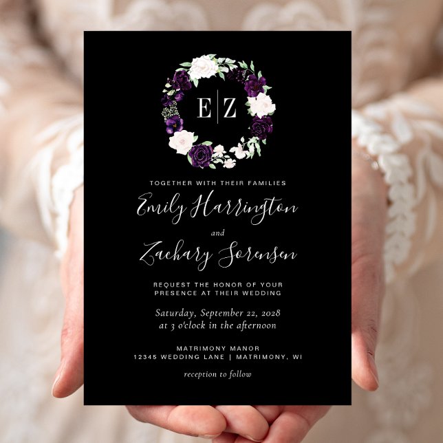 Invitation Mariage Floral Rose Pâle Violet Monogramme Noir (Créateur téléchargé)