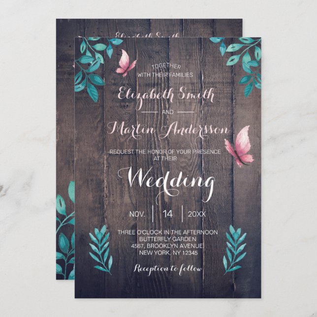 Invitation Mariage floral rose papillon rustique (Devant / Derrière)