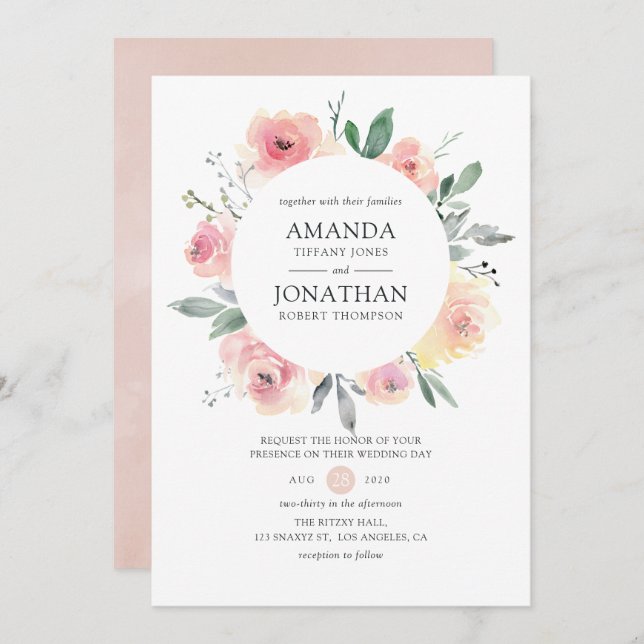 Invitation Mariage floral rose pastel Blush (Devant / Derrière)