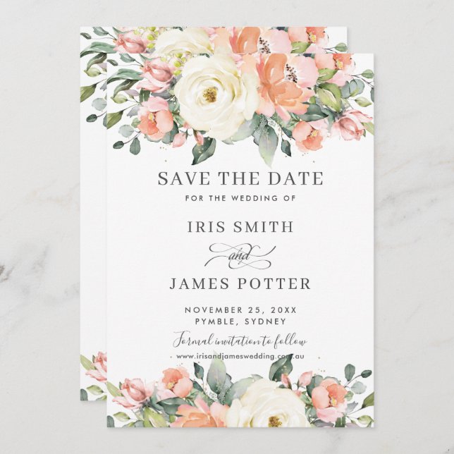 Invitation Mariage floral rose Peach Ivory Enregistrer la car (Devant / Derrière)