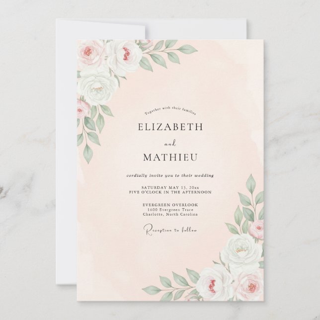 Invitation Mariage Floral Rose Pêche (Devant)