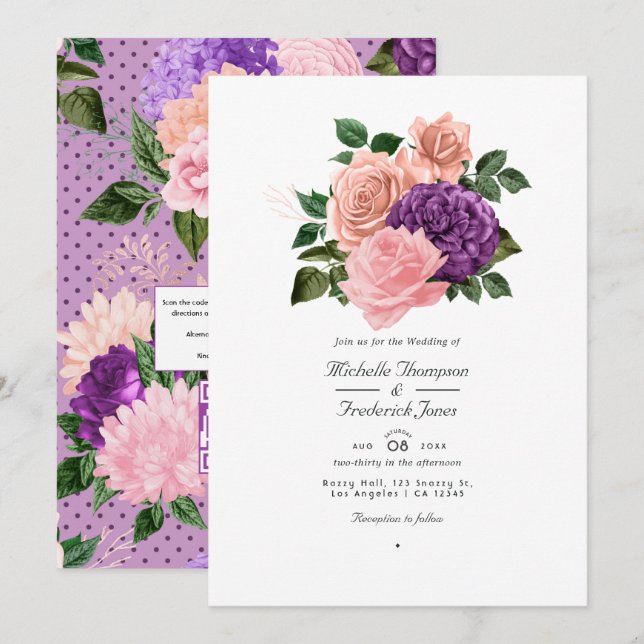 Invitation Mariage floral rose pêche et lavande violet (Devant / Derrière)