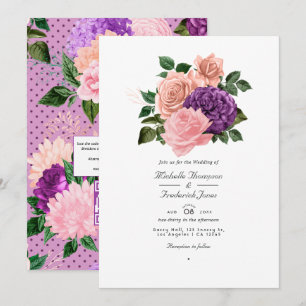Invitation Mariage floral rose pêche et lavande violet
