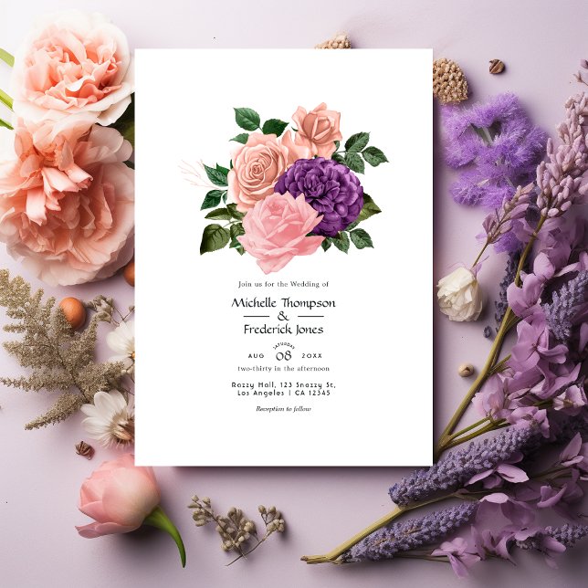 Invitation Mariage Floral Rose Pêche et Lavande Violet (Créateur téléchargé)