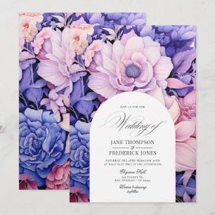 Invitation Mariage floral rose pétale, bleu barbeau et mauve
