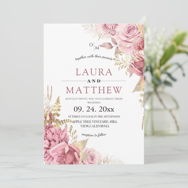Invitation Mariage Floral Rose Poudrée (Debout devant)