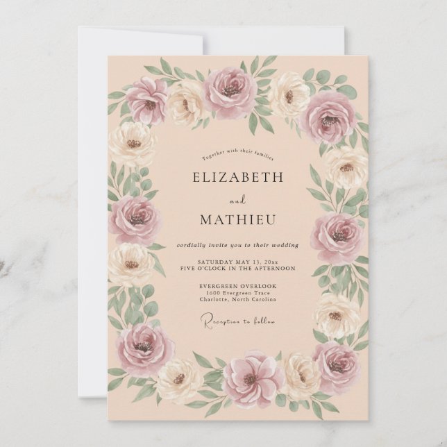 Invitation Mariage Floral Rose Poussiéreuse Blush (Devant)