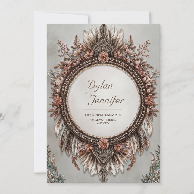 Invitation Mariage Floral Rose Poussiéreuse Brun Rustique (Devant)